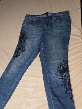 Women's Blue Skinny Jeans with Black Paisley Embroidery